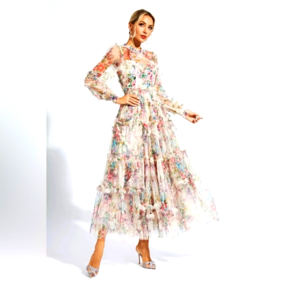 Floral Tiered Long-Sleeve Maxi Dress - Multi Floral